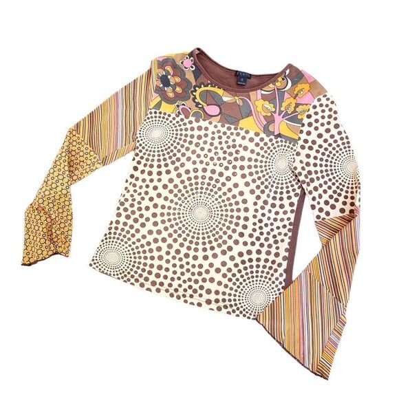 Lapis multi print bell sleeve cotton top beaded in cream/ browns/mauve sz small - Picture 8 of 11